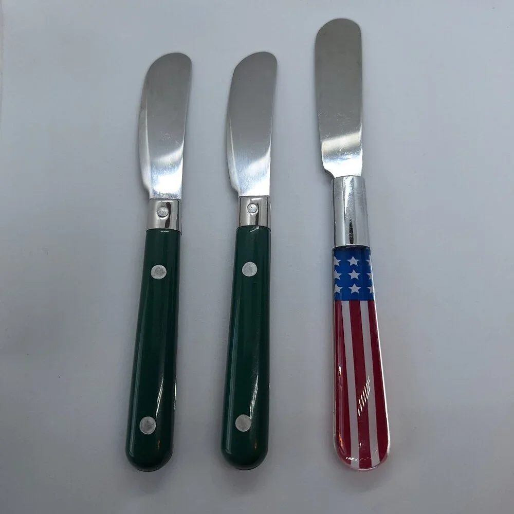 Lot of 3 Vintage‎ Stainless Steel Butter Spreaders Forest Green & American Flag
